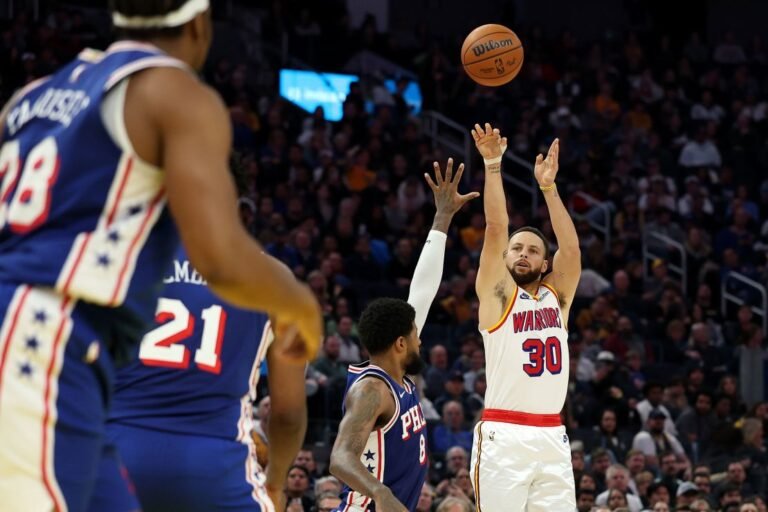 Curry perfecto en triples: Warriors aplastan a los 76ers 139-105